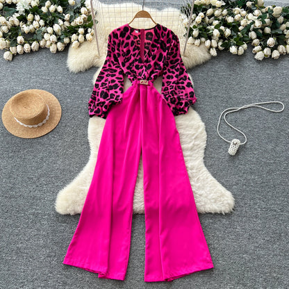SINGREINY Autumn Leopard Long Jumpsuits V Neck Long Sleeves Belt Wide Legs Pants Women American Retro Senior Office Lady Rompers
