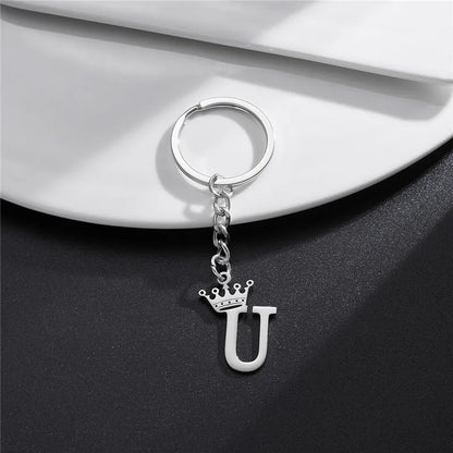 Fashion Crown A-Z Letters Pendant Keychains for Lovers Silver Color 26 Alphabet Keyring Women Car Key Ring Unique Name Jewelry