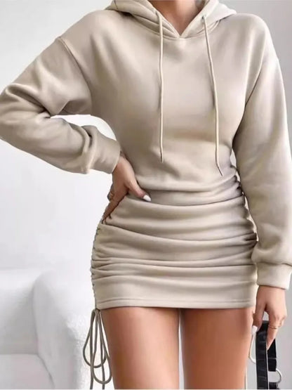 レディース セクシー ベーシック 無地 ワンピース 秋ファッション グレー 長袖 フード付き タイ付き スリム パッケージ ヒップ ミニドレス
