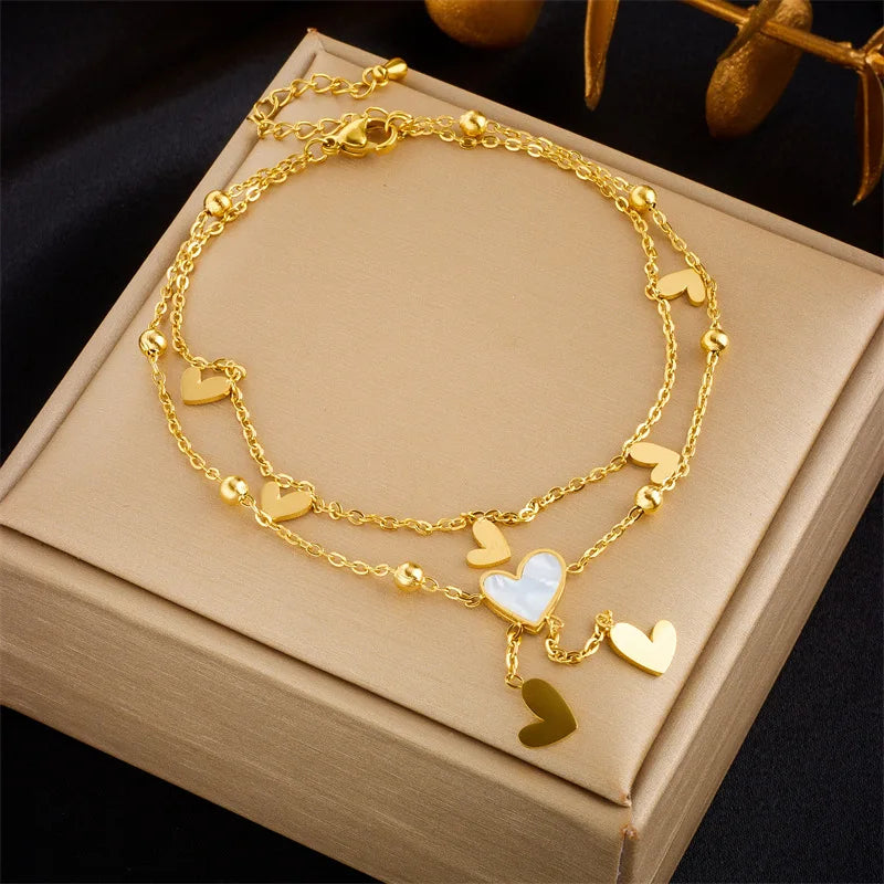 ZAKOL Stainless Steel Heart Love Anklets For Women Girl Fashion Double Layer Chains Ankle Accessories Jewelry Gift