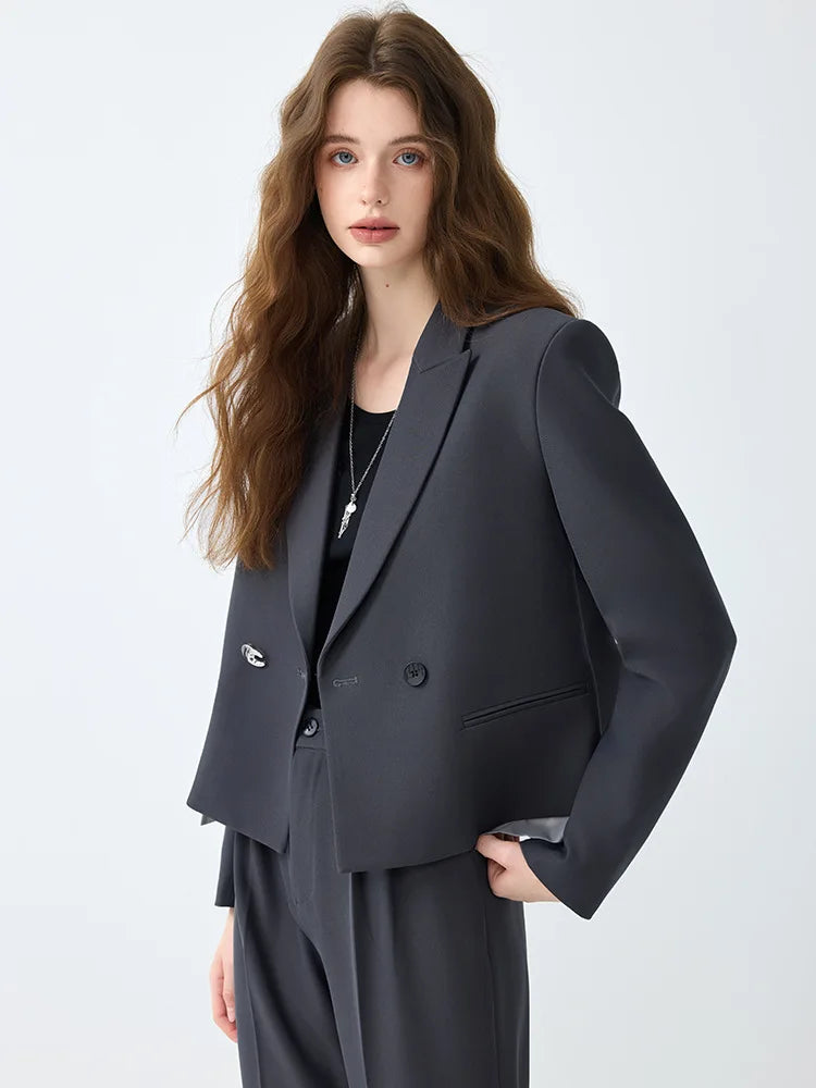 Solid Suits for Women 2025 Spring Fashion Office Ladies Long Sleeve Double Breasted Short Tops Chic Cargo Pant Suits