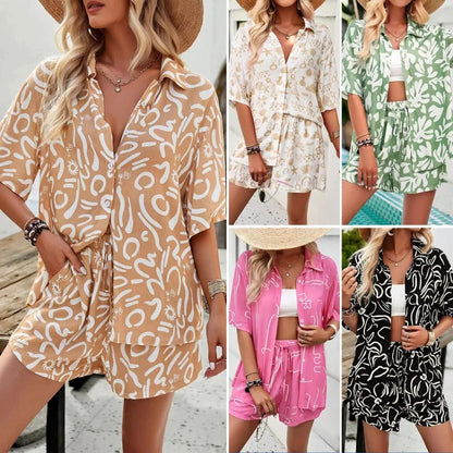 Ecoparty Summer Women Casual Floral Print Suit Single Breasted Shirt and Drawstring Wide Leg Shorts Lady Two Piece Sets