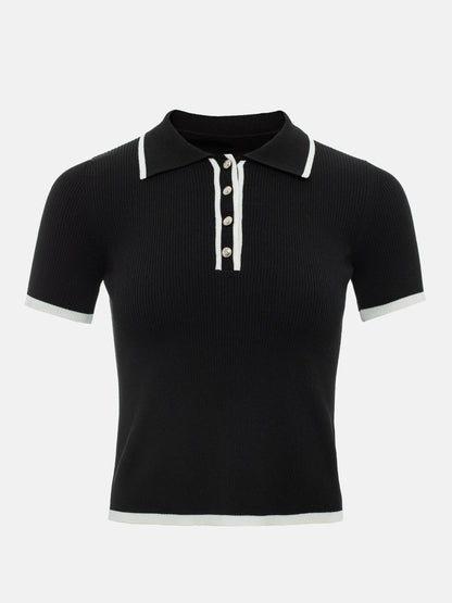 Knit Sweater Pullover Women Short Sleeve Patchwork Slim Lapel Elegant Contrast Knitwear Top Female Skinny Ribbed Pullover