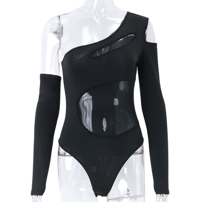 WhereMery Sexy Hollow Out See Through Mesh Bodysuit Women's Off Shoulder Long Sleeve Skinny T Shirts Gothic Aesthetic Bodysuits