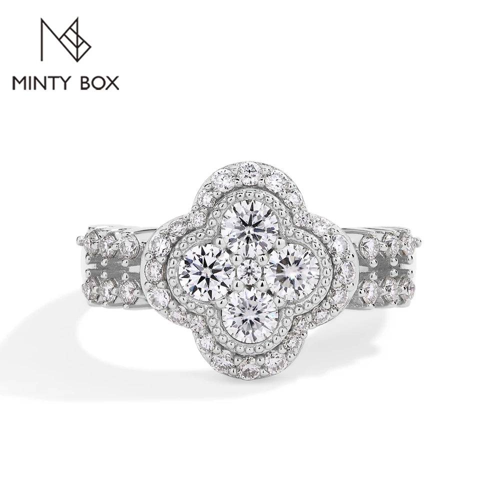 MINTYBOX モアサナイト 18k ホワイトゴールドメッキ ダイヤモンドリング レディース S925 スターリングシルバー 婚約 結婚式 ファインジュエリー 四つ葉