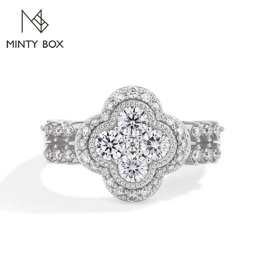 MINTYBOX モアサナイト 18k ホワイトゴールドメッキ ダイヤモンドリング レディース S925 スターリングシルバー 婚約 結婚式 ファインジュエリー 四つ葉