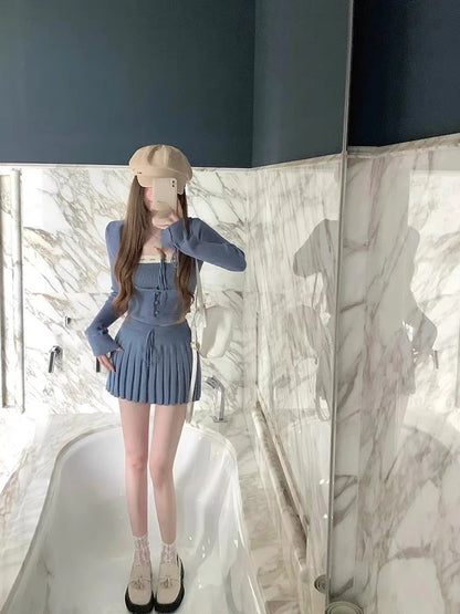 Woman Y2k Matching 3 Piece Set New Products Sweet Solid Knitted Cropped Patchwork Vest Slim Cardigan Mini Pleated Skirt Autumn