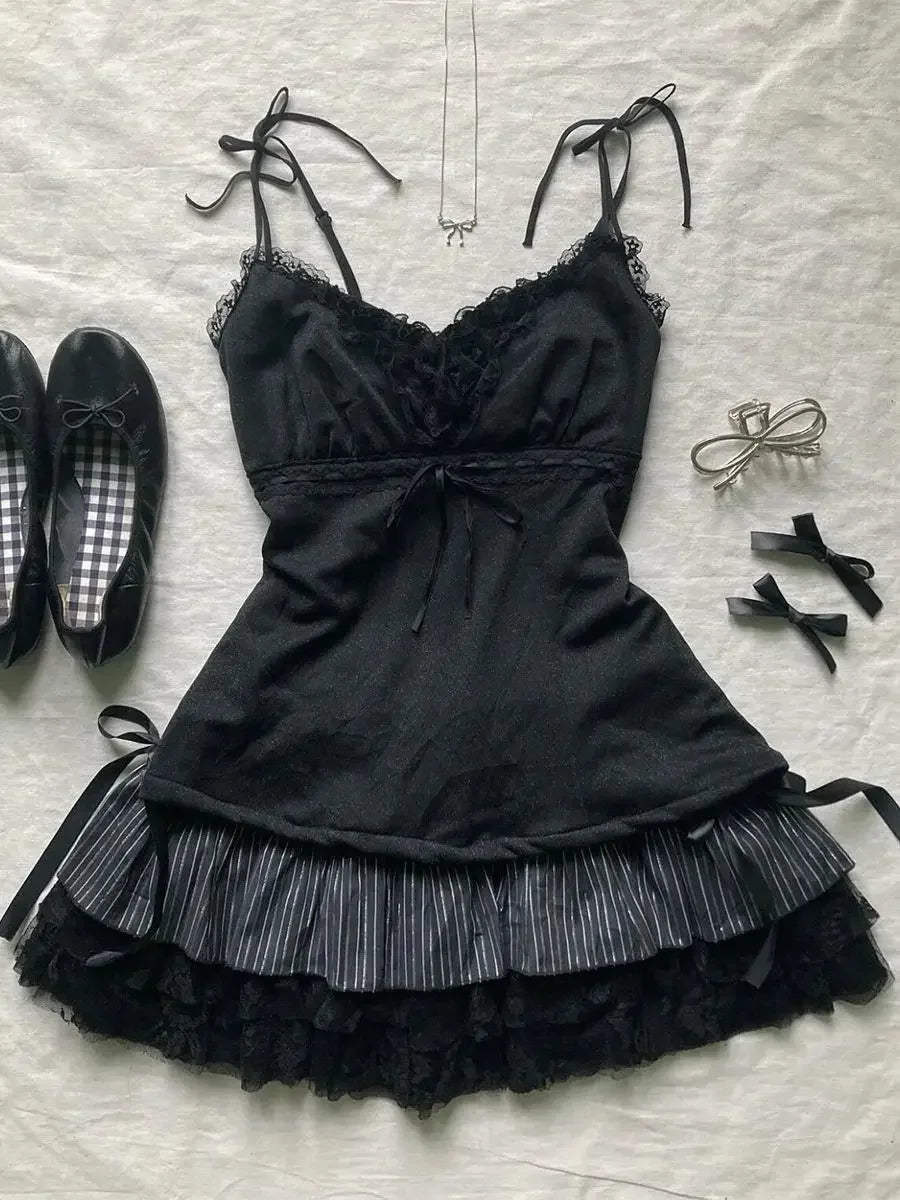パンクY2Kスカート レディース服 ゴス セクシー ロパ エステティック ストライプ ハイウエスト レースリボン ミニスカート グランジ エモガール 2000年代 ショートスカート