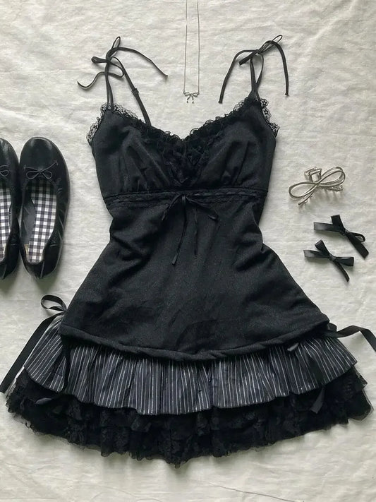パンクY2Kスカート レディース服 ゴス セクシー ロパ エステティック ストライプ ハイウエスト レースリボン ミニスカート グランジ エモガール 2000年代 ショートスカート