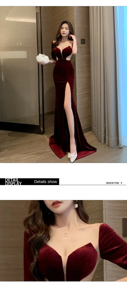 Velvet Sheer Deep V Neck Evening Gown Backless Floor Length Dress With Thigh High Slit Elegant Prom Gown Women Carpet Events