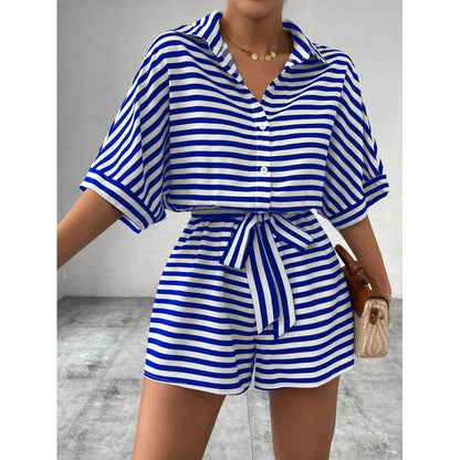 Summer New Set For Women's Casual Loose Comfortable Outfit Fashion Striped Batwing Sleeve Shirt Top+ Shorts 2-piece Sets Woman