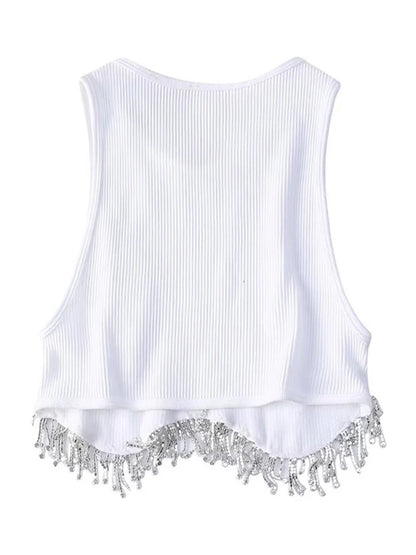 High Street Sexy Hem Tassel Diamond Beading Knitting T Shirt Chic Short Camis Tank Lady Slim Crop Vest Tops