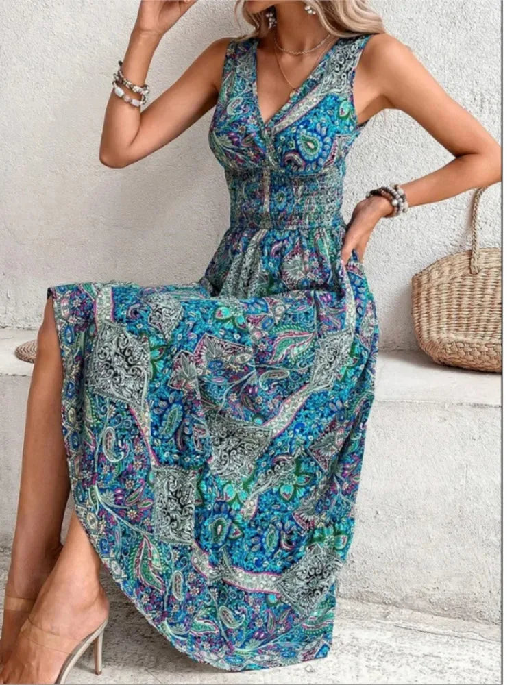 New Fashion Elegant High Waisted Sleeveless Boho Dress Summer Women Print V Neck Casual Long Dresses For Women Robe Femme