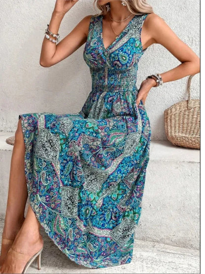 New Fashion Elegant High Waisted Sleeveless Boho Dress Summer Women Print V Neck Casual Long Dresses For Women Robe Femme