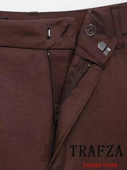 TRAFZA Casual Office Lady Chic Women Suit Solid Sashes Single Breasted Blazer Zipper Shorts New Fashion 2025 Spring Summer Sets