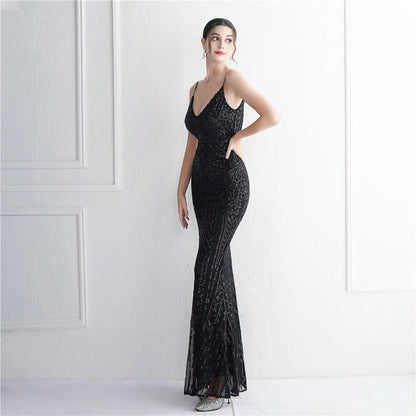 Women's Black Long Sleeve Padded Strap Sequin Dress Length, Sparkles Stretch, V Neck Mermaid, Formal Evening Dress, Night Party