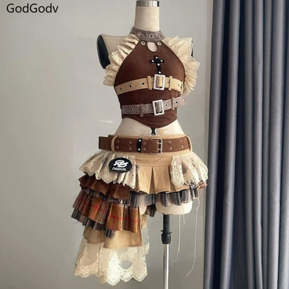 Punk Style Vintage Elegant Y2K Woman 2 Piece Sets Gothic Sleveless Crop Tops +High Waist Ruffle Skirt Female Party Chic Outfits