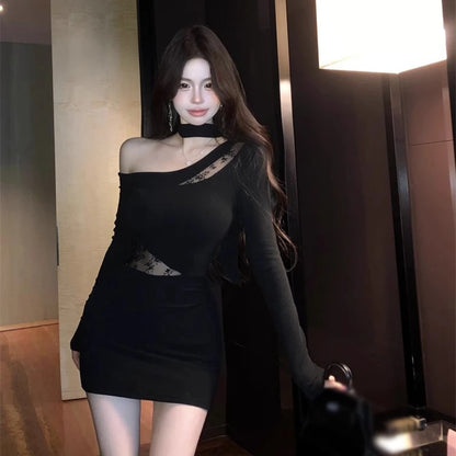 レディース スラントカラー ストラップレス アシンメトリー 長袖 ドレス 韓国風 レース切り替え セクシー ミニドレス ブラック
