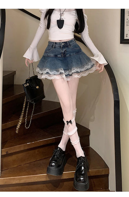 スイートセクシーデニムケーキスカート レディース レトロ ハイウエスト Aライン ミニスカート 女性用 韓国ファッション カジュアル ストリートウェア プリーツスカート Y2K