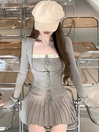 Woman Y2k Matching 3 Piece Set New Products Sweet Solid Knitted Cropped Patchwork Vest Slim Cardigan Mini Pleated Skirt Autumn