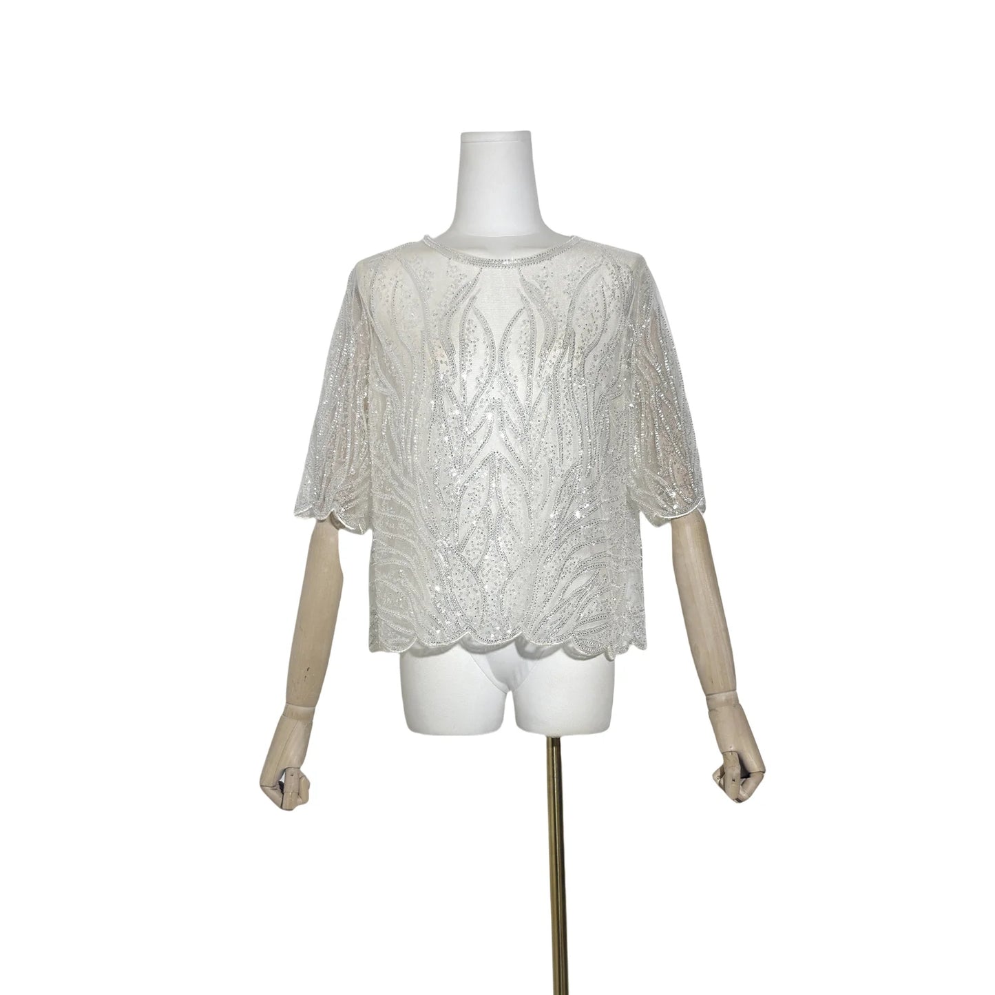 Gorgeous Sequin Beaded Women New Exquisite Sequin Heavry Embroidered Mesh O-Neck Halft Sleeves Blouse Mesh Top Pullover Shirt
