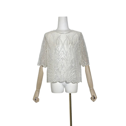 Gorgeous Sequin Beaded Women New Exquisite Sequin Heavry Embroidered Mesh O-Neck Halft Sleeves Blouse Mesh Top Pullover Shirt