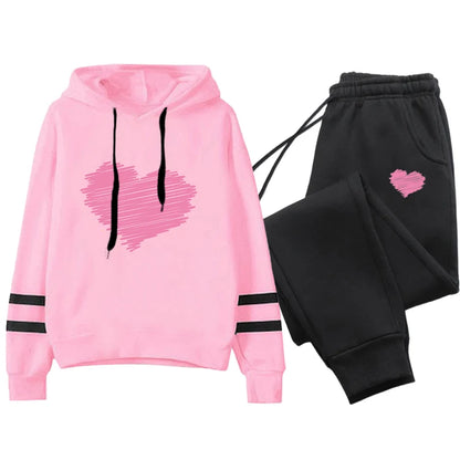 Cute Heart Printed Hoodies Sweatpants Woman Daily Casual Sports Jogging Suit Home Outdoor Comfort Warm Outfit Women's Clothes