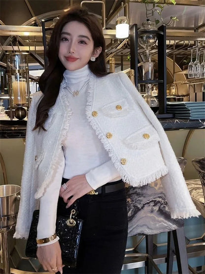 ジャケット 小さな香り ゆったり Vネック 長袖コート 春秋 高級 高級ツイード フレンチホワイト ショートコート レディース