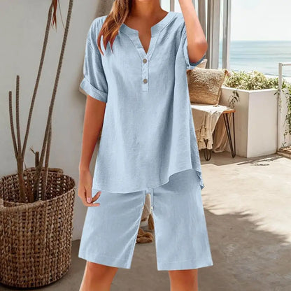 Women 2-piece Set Women's Cotton Linen 2 Piece Outfits Short Sleeve V-neck Top Wide Leg Shorts Set for Summer Lounge Wear Women