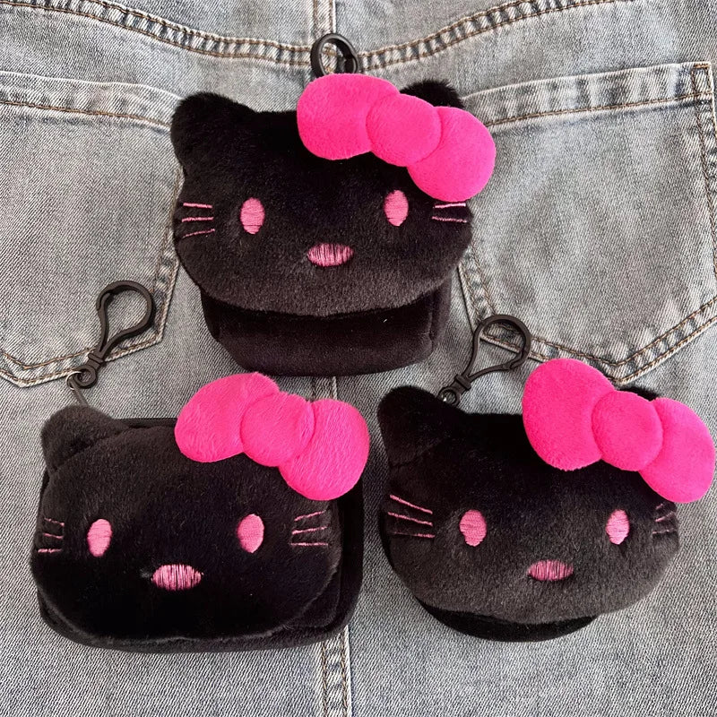 New Fashionable Black Cartoon Cat Plush Wallet Keychain Pendant Cute Girl Heart-Shaped Round Headphone Storage Bag