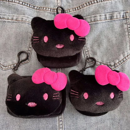 New Fashionable Black Cartoon Cat Plush Wallet Keychain Pendant Cute Girl Heart-Shaped Round Headphone Storage Bag
