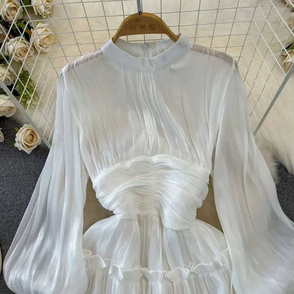 Elegant Long Sleeve Midi Party Dresses Women Summer Autumn Bright Faux Silk Retro Solid Evening Party Vestidos