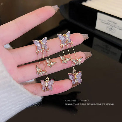 925 Silver Needle Purple Butterfly Long Tassel Earrings For Women Jewelry 2025 Trending Korean Fashion Luxury Crystal Earrings