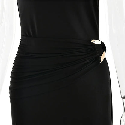 Sibybo Oblique Shoulder Sleeveless Ruched Maxi Dress For Women Gown Elegant Metal Rings Backless Bodycon Long Dresses Vestidos