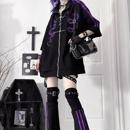 ストリートウェア パンク パーカー コート レディース 服 プリント ジッパー 半袖 スウェットシャツ カジュアル ファッション 夏 オーバーサイズ パーカー Y2K トップス