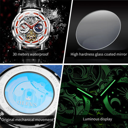 OLEVS Brand New Luxury Moon Phase Tourbillon Watch for Men Leather Strap Waterproof Fashion Skeleton Mechanical Watches Mens