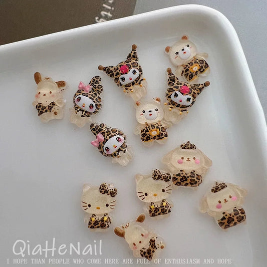 Sanrio Hello Kitty, Melody & Kuromi Cartoon Nail Accessories - 10PCS Cute Mini Resin Trinkets, Leopard & Maillard Print Pattern,
