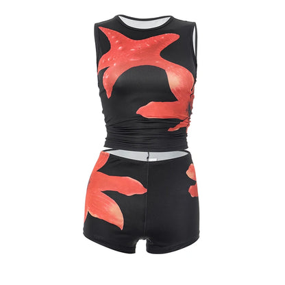 CUTENOVA Women'S Casual Street Starfish Flower Print Shorts Set Round Neck Sleeveless Crop Top + Low Waist Shorts Two-Piece Sets