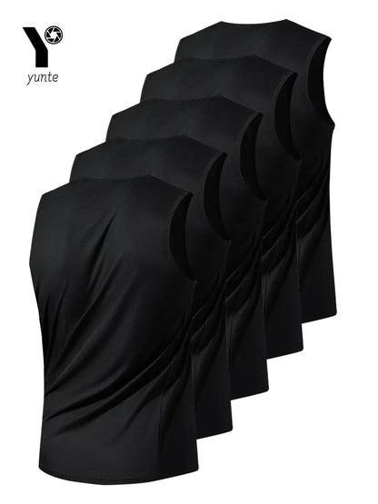 Men's Sports Vest Black 5-Piece Breathable Round Neck Slightly Elastic Fabric Pure Color Suitable for Spring, Summer and Autum R
