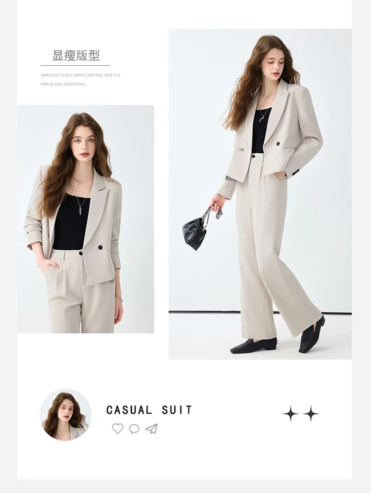 Solid Suits for Women 2025 Spring Fashion Office Ladies Long Sleeve Double Breasted Short Tops Chic Cargo Pant Suits