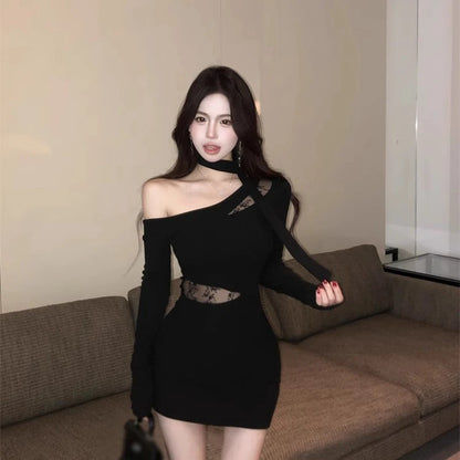 レディース スラントカラー ストラップレス アシンメトリー 長袖 ドレス 韓国風 レース切り替え セクシー ミニドレス ブラック