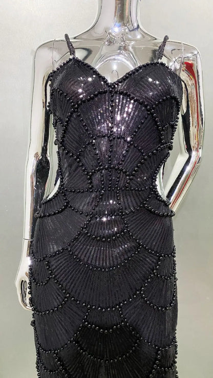 Deluxe Exquisite Sequin Beaded Sexy Hollow Suspender Dress Celebrity Birthday Party Dinner Dress Sweet Date Prom Dress