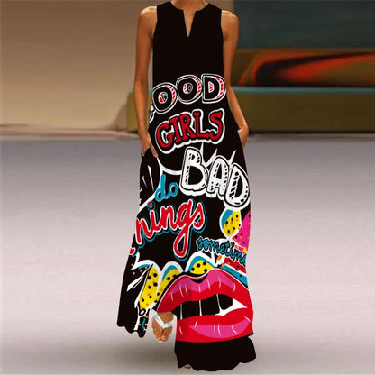 Summer Sexy Maxi Dresses Women Sleeveless V-Neck Robe Party 2025 Retro Loose Beach Vestidos Y2k  S-5XL