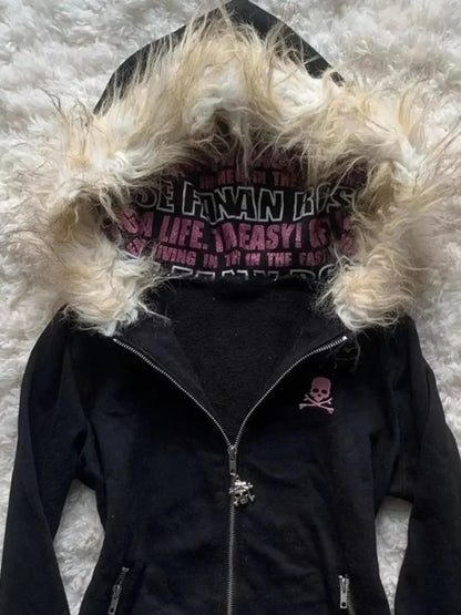 Y2K Black Fur Collar Zipper Sweatshirt Hoodie Sexy Women Sweatshirt Harajuku Goth Letter Graphic Print Slim Coat Winter Clothes