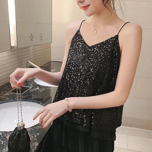 Women's Loose Casual Sequined Camisole Vest V Neck Shiny Sexy Sparkling Basic Top Fashionable Versatile Summer Top