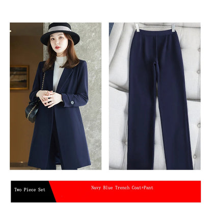 2022 Winter High-end Women's Business Suit Pants Two-piece Set Temperament Slim Solid Color Lady Double Breasted Trench Coat