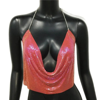 Glitter Metal Sequins Backless Camisole For Women Sexy Deep V Neck Halter Neck Sleeveless Tank Top Lady Nightclub Party Crop Top