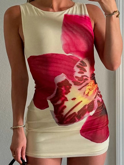 Women Tank Dress, Sleeveless Crew Neck Flower Print Slim Summer Bodycon Dress Mini Dress