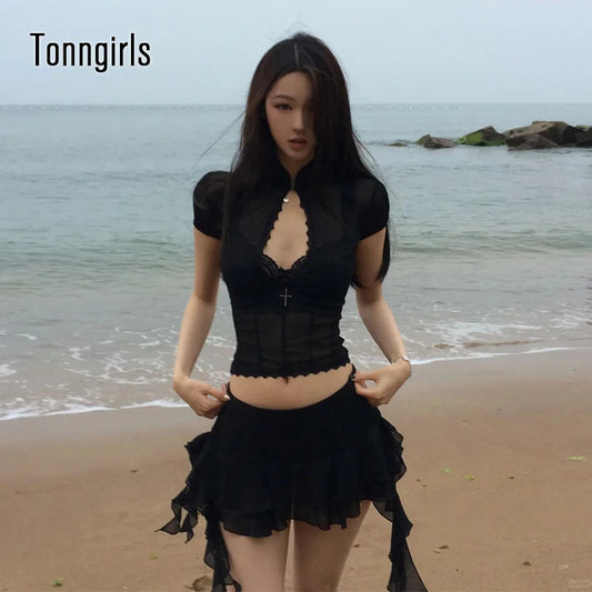 Tonngirls Y2k Fairycore Two Piece Set For Women Hollow Out Lace Mesh Shirt + Irregular Mini Shirts Vintage Skirt Sets Japanese