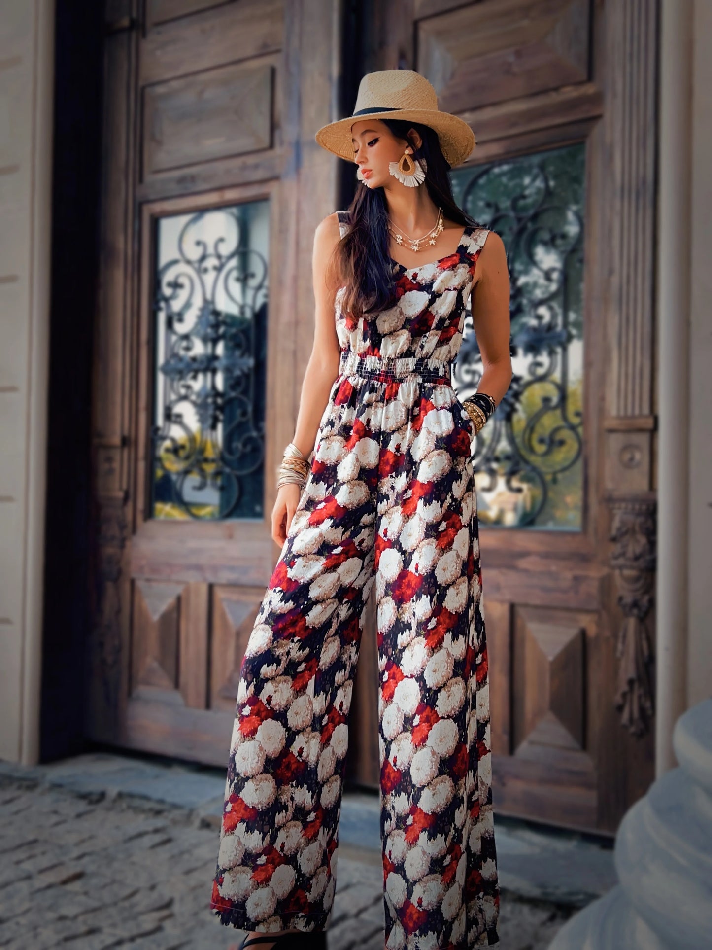 Summer Print Tencel Jumpsuits Women's Clothing Tank Spaghetti Strap+Wide-Leg Pants Draped Full Length Y2K DABUWAWA DM2BJP005